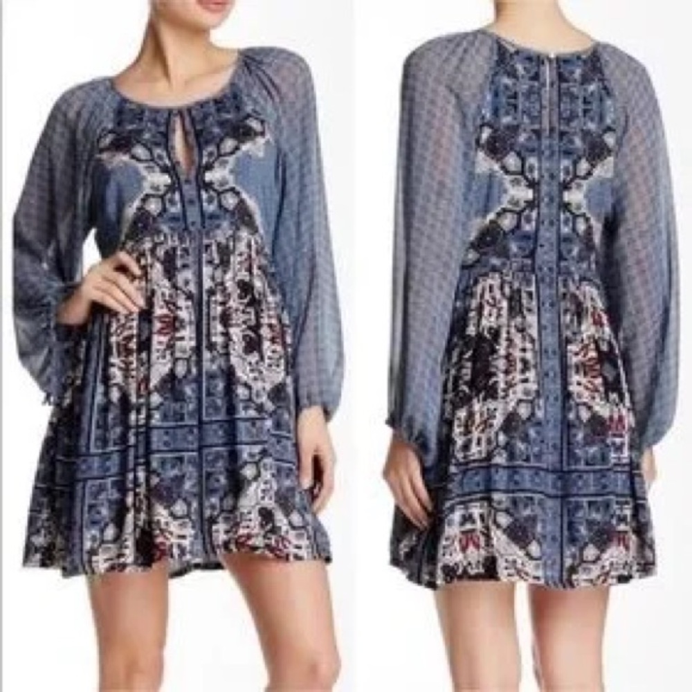 Free People Blue and Brown Ruffled Raglan Dress